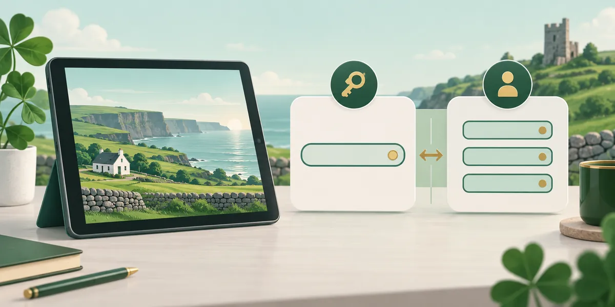 Tablet beside one-field and three-field cards illustrating different login formats