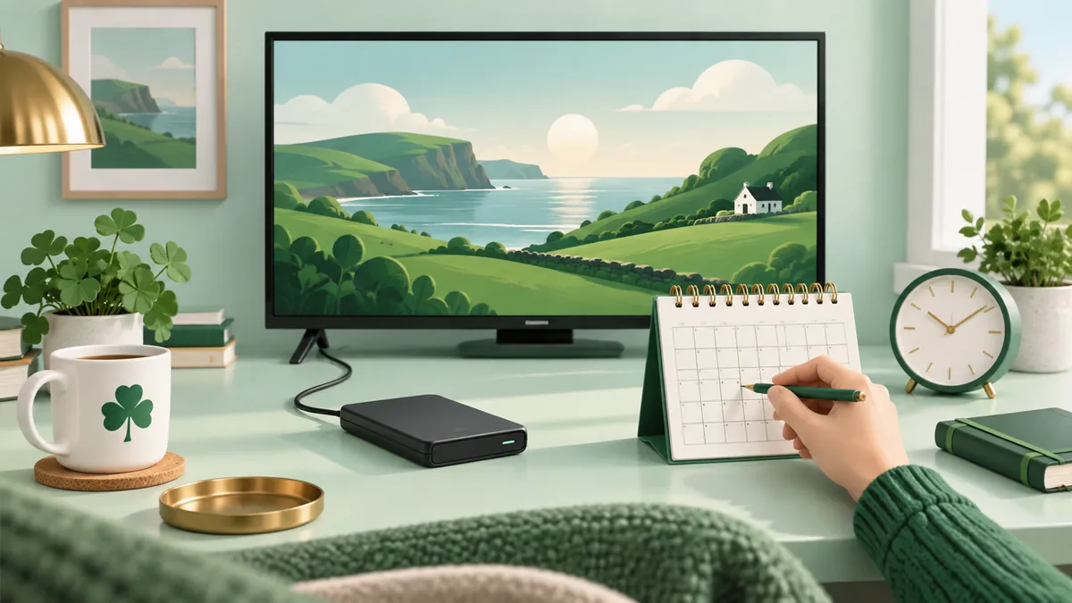 Television, external storage drive, clock and planning notebook