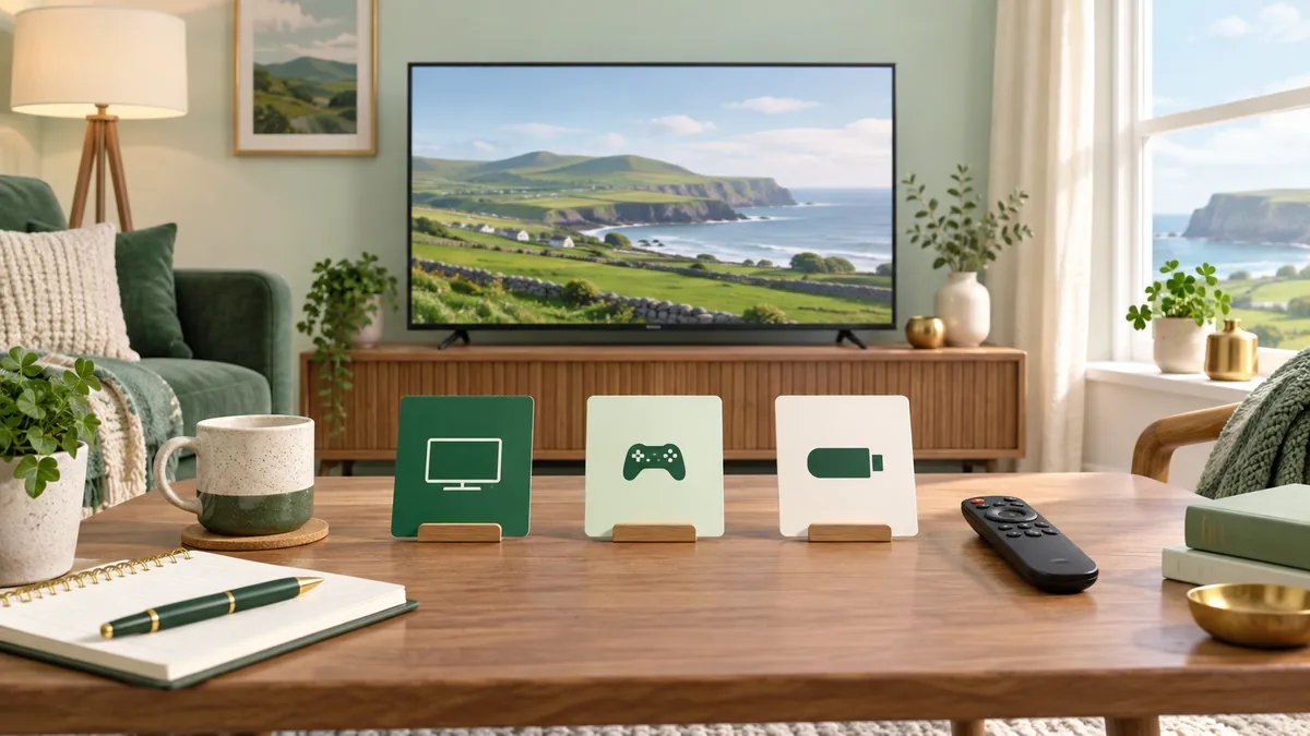 Smart television, remote and three abstract platform cards in a sitting room