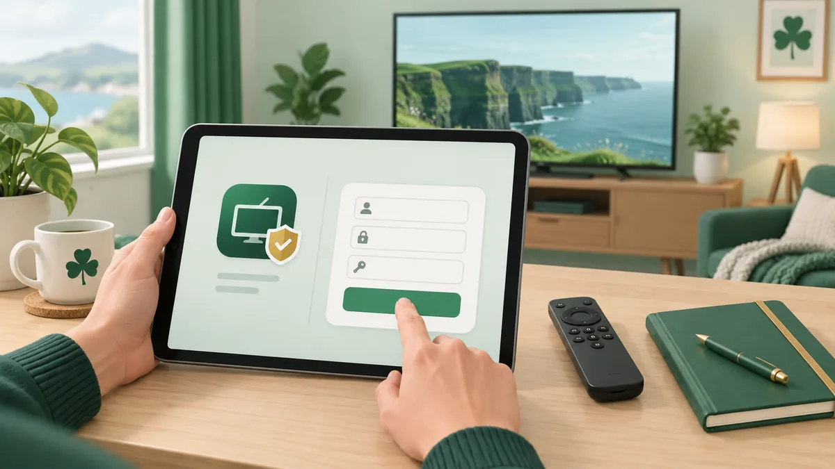 Unbranded tablet with a generic login illustration beside a television and remote