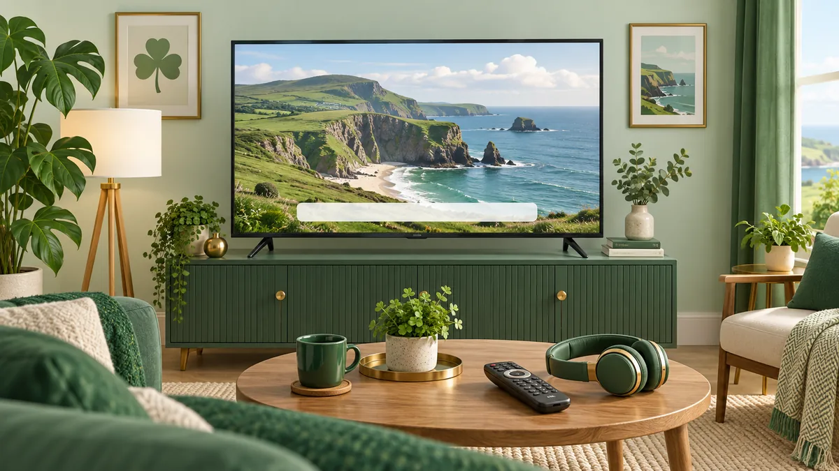 Television with an abstract subtitle bar, remote and headphones