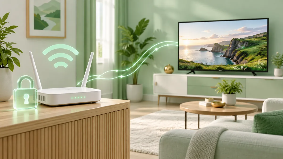 Router and abstract privacy-lock illustration beside a television
