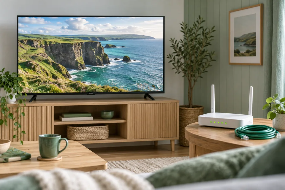 Illustrative sitting room with a television, router and Ethernet cable