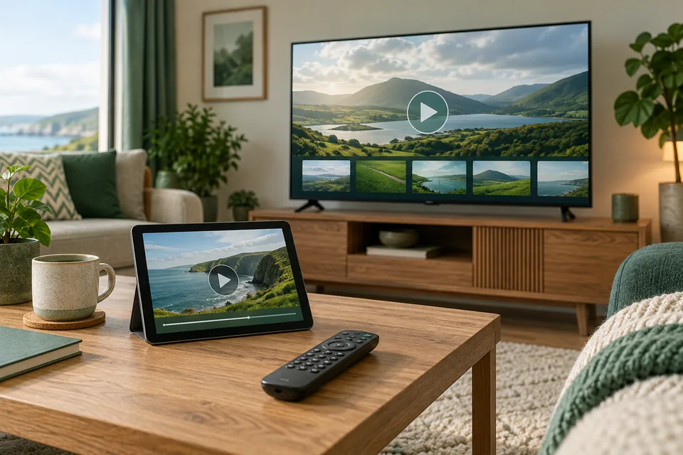 Television and tablet showing invented landscape player screens
