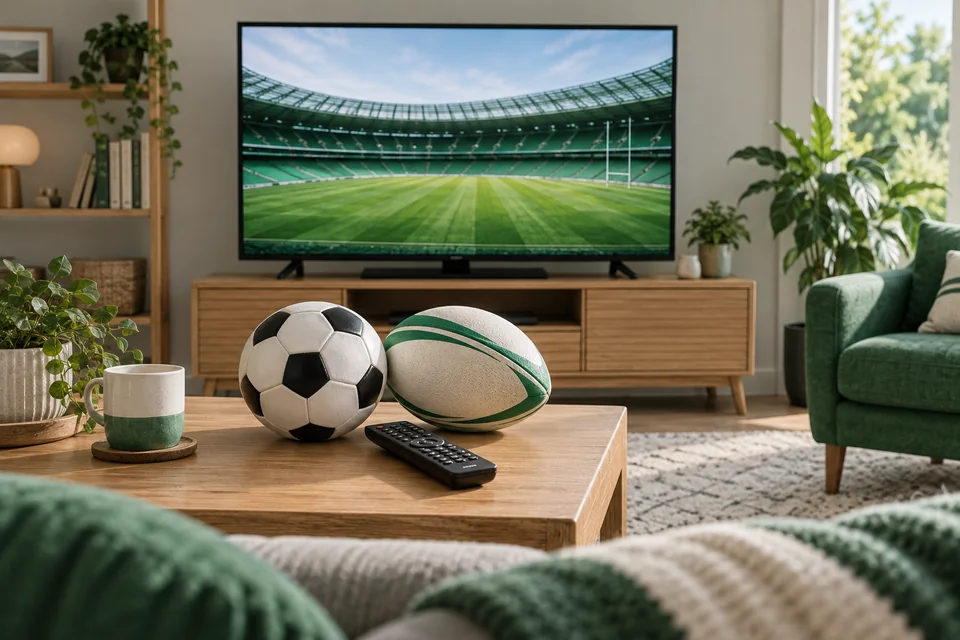 Illustrated television showing a stadium, with football and rugby balls nearby