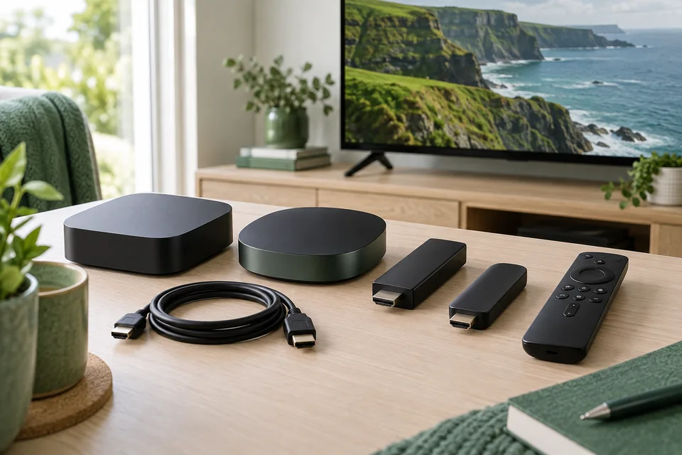 Streaming boxes, remotes and an HDMI cable beside a television in an illustrative scene
