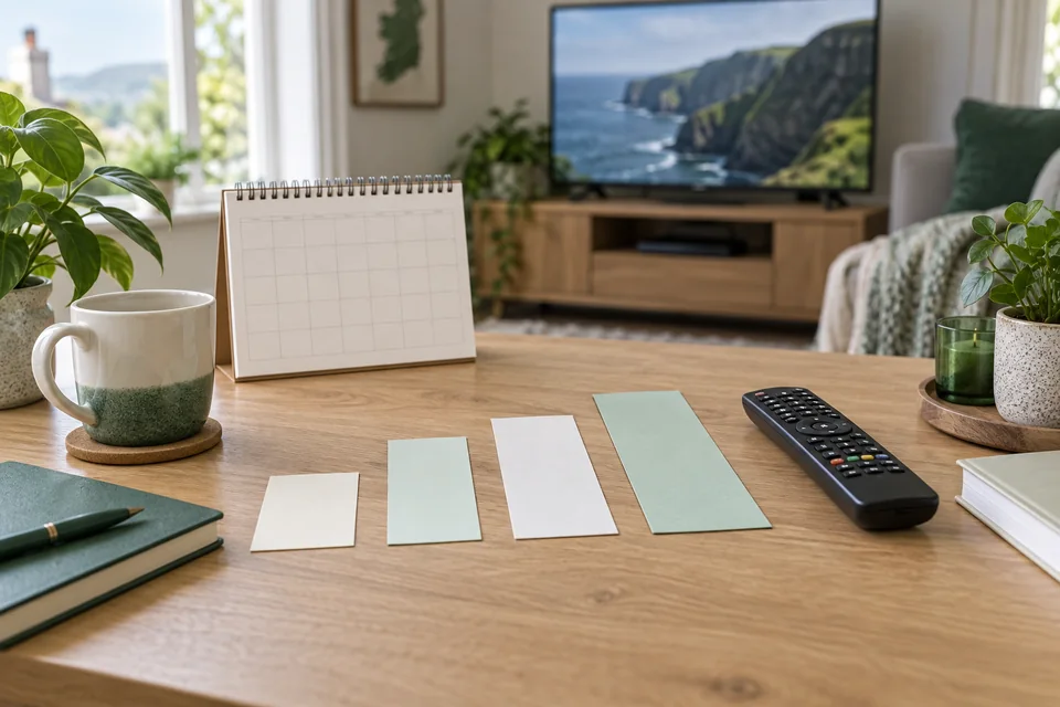 Blank plan cards and a remote on a table in an illustrated sitting room