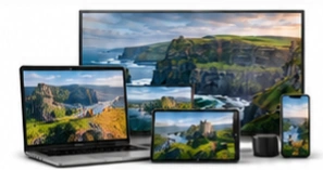Illustrative television, computer, tablet and phone showing Irish scenery
