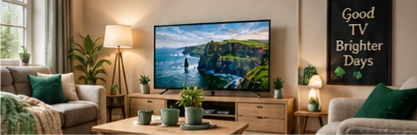 Irish-inspired living room with television showing a coastline
